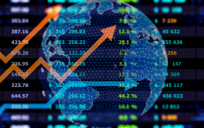 financial data and arrows indicating upward trends