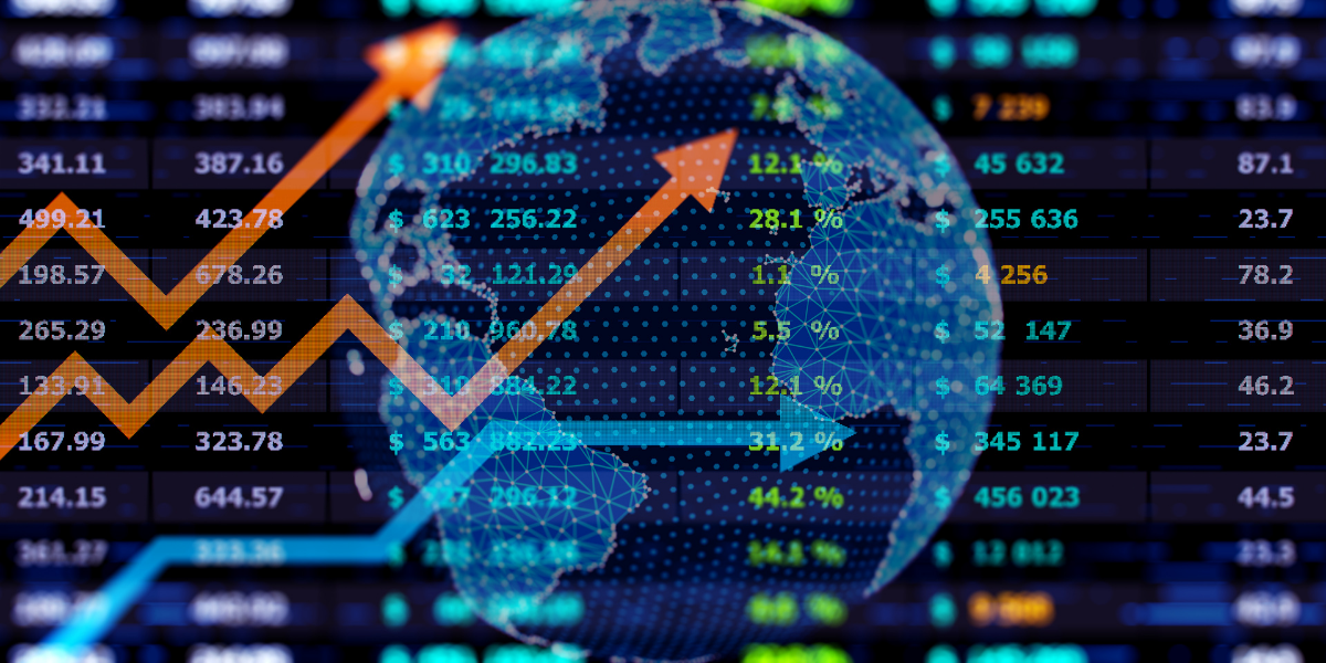 financial data and arrows indicating upward trends